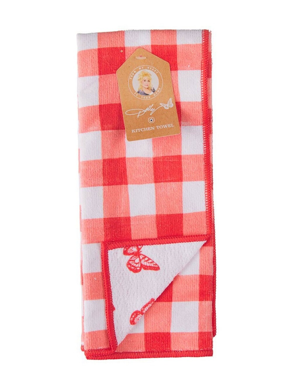 Dolly Parton Red Gingham Kitchen Towel with Butterfly